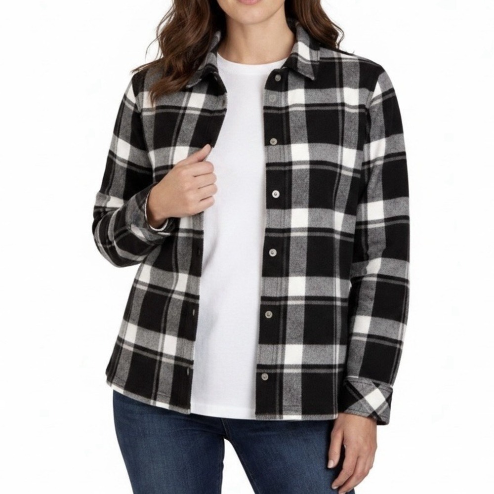 ORVIS Flannel Shacket Women's XXL Black White Plaid Fleece Lined Outdoor Jacket